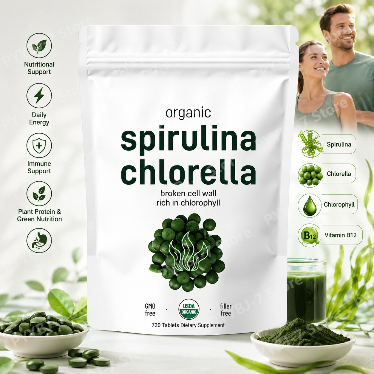 Spirulina Tablet Organic - Таблетки спирулины и хлореллы, органический суперфуд,